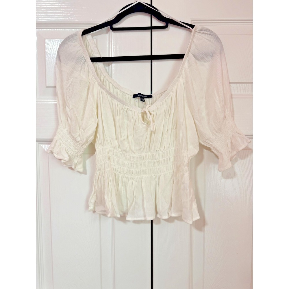 Ambiance White Milkmaid Peasant Top Puff Sleeve Cropped Large Off Shoulder Coast